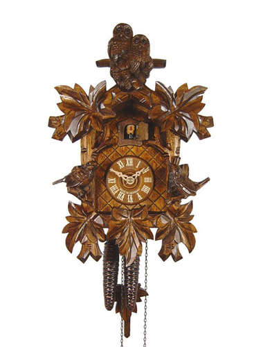 Cuckoo clock with a carved Owl and Sparrow