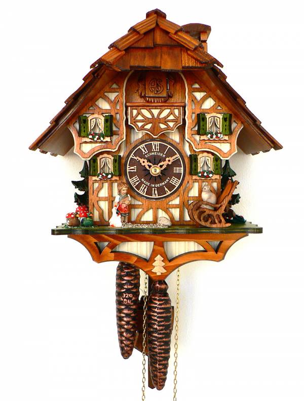 Cuckoo clock with a child caring for her Goose and Cat