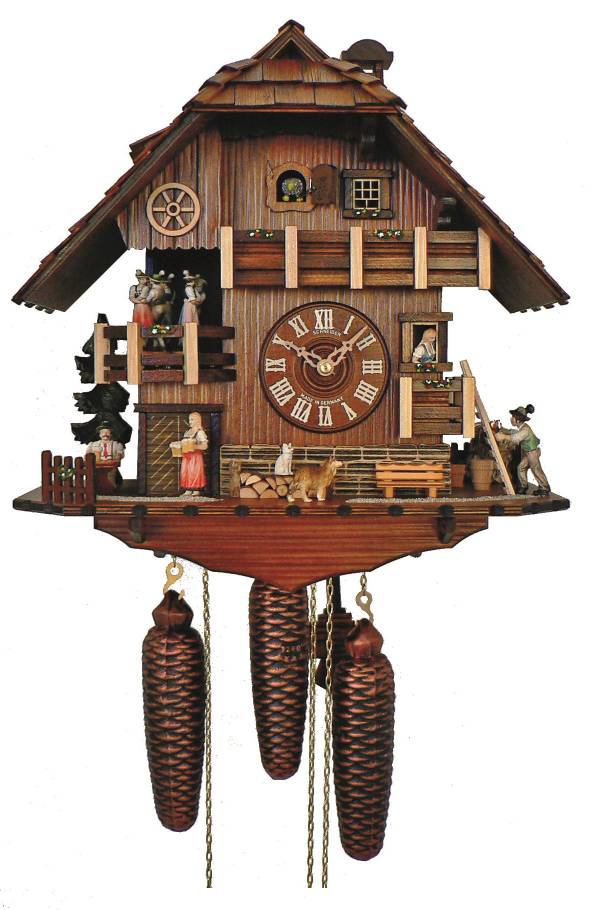 Cuckoo clock with Beer drinker land lady and suitor with flower bouquet