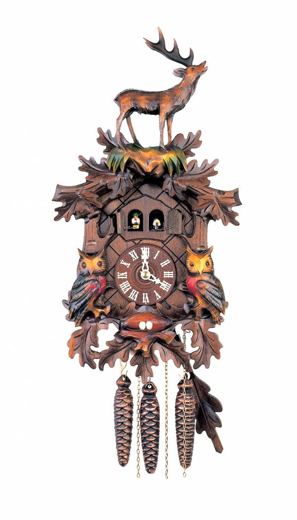 Double door musical Cuckoo clock adorned with Owls and Stag